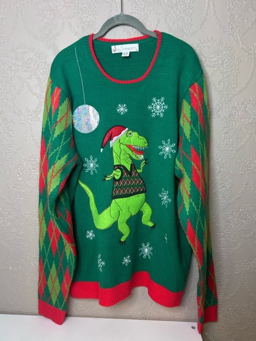Green Holiday T-Rex Crewneck Sweater by Jolly Sweaters disco Dino dinosaur